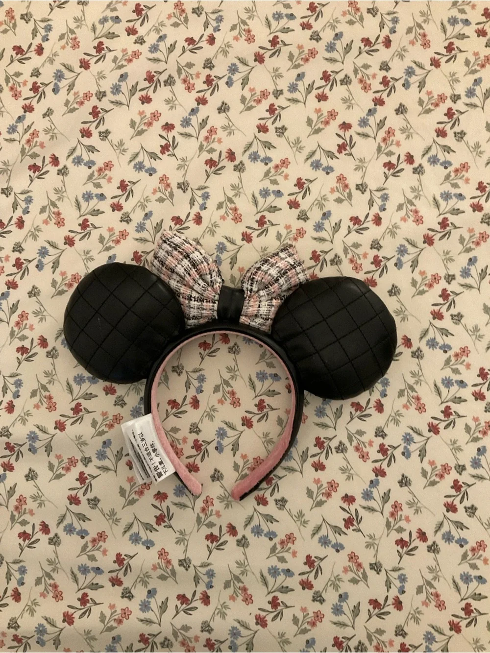 Disney Black Quilted Pearl Minnie Ear Headband with Pink Plaid Bow
